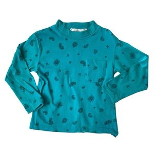 VINTAGE 80s 90s Tee Shirt Long Sleeves Paisley Teal Aqua Green Mockneck Heart
